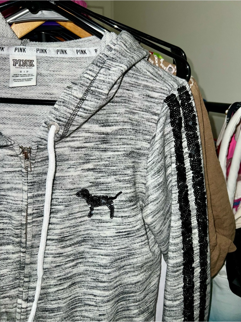 Vintage PINK Victoria's Secret Gray Marled Sequin Bling Logo Hoodie & Jogger Set - Picture 14 of 16